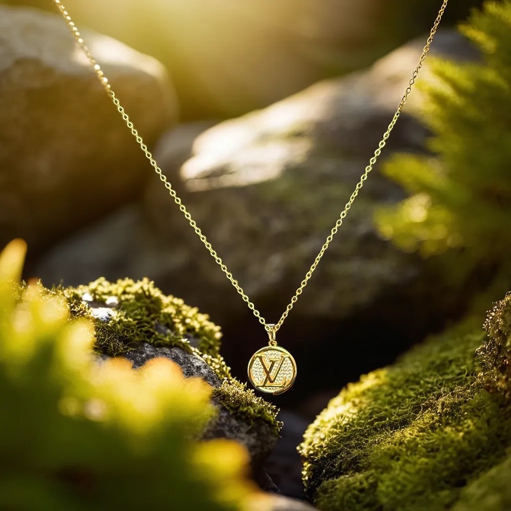 Luxe Reimagined ✨ Timeless LV Rhinestone Pendant Necklace in Gold Stainless